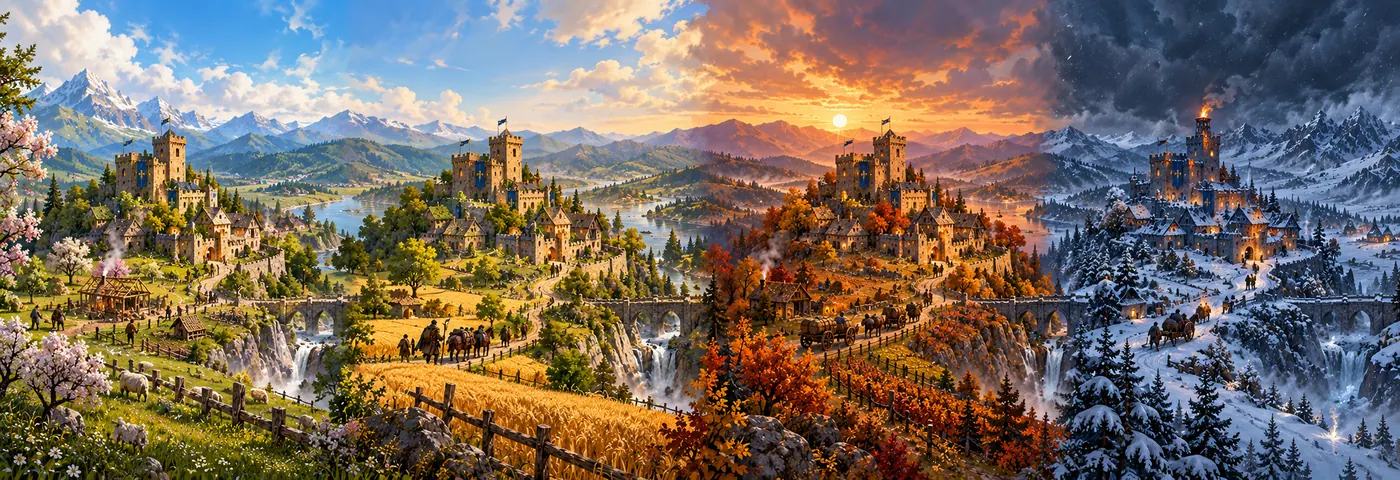 Arte conceitual: o castelo e a vila de Pedra Alta em quatro estações, da primavera florida, à esquerda, ao inverno nevado, à direita.
